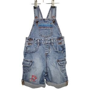 Vintage Girls Denim Short Overalls Embroidered Floral Pocket Jean Romper 18 Mon